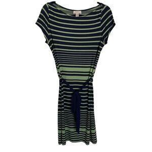 LOFT Green Navy Stripe Stretch Dress w/ Tie Belt Sz S Boat Neck